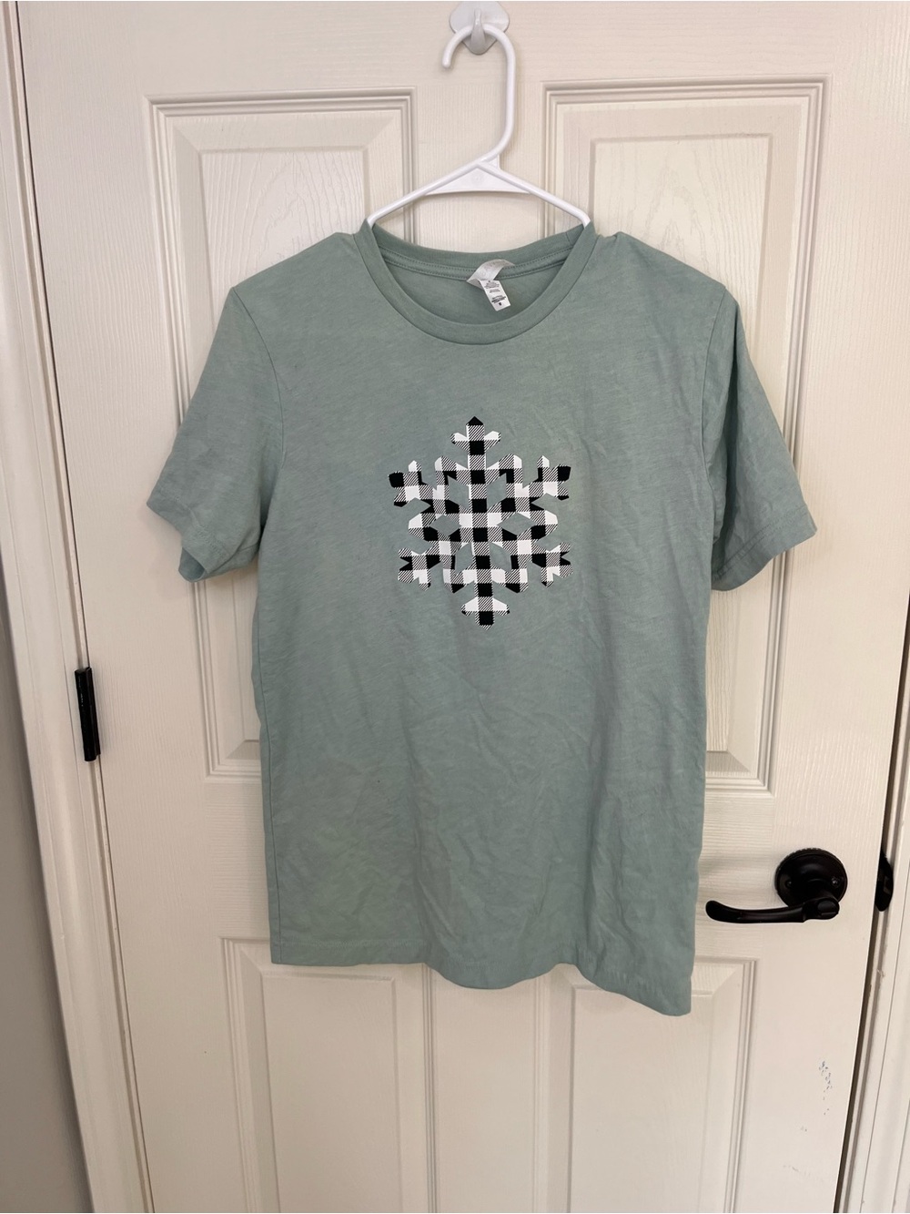 Bella Canvas Sage Green Short-Sleeve Tee with Black-and-White Plaid Snowflake